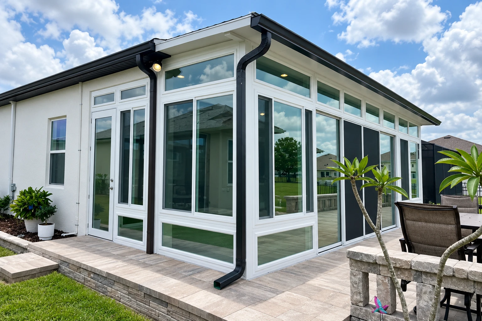 White-framed sunroom addition with floor-to-ceiling windows and dark gutters beside a paved patio.
