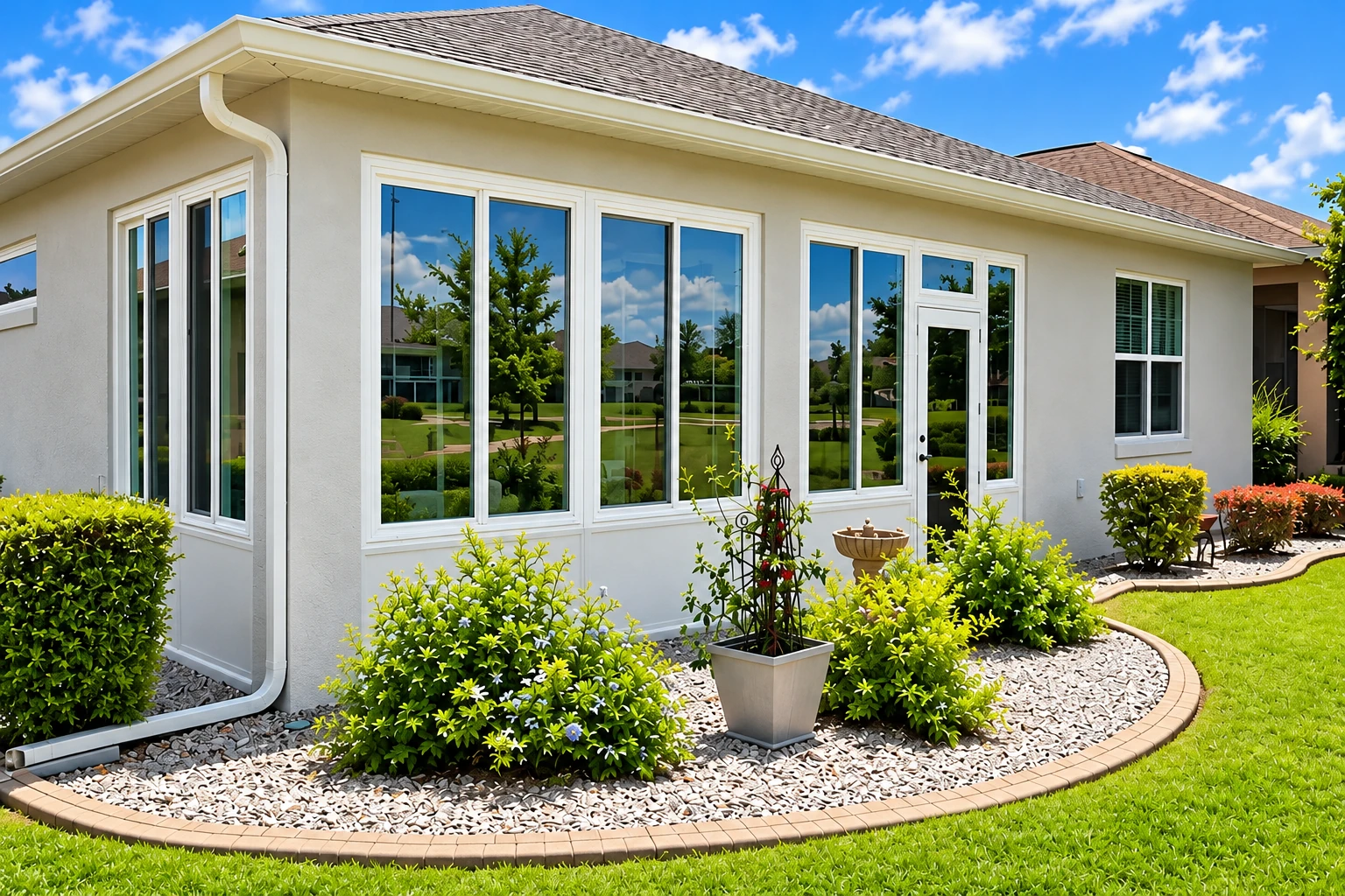 A white all-season room has broad windows reflecting a sunny garden, bordered by curved flower beds and shrubs.