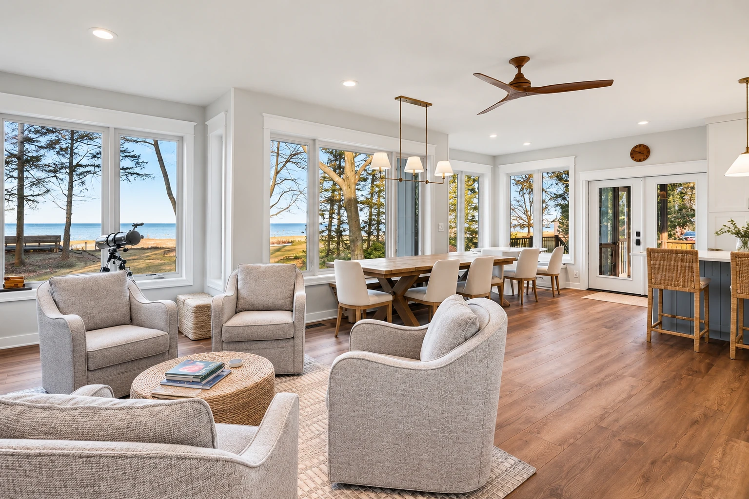 Custom sunroom with white walls, large windows, pale seating, and a long dining table overlooking the water.