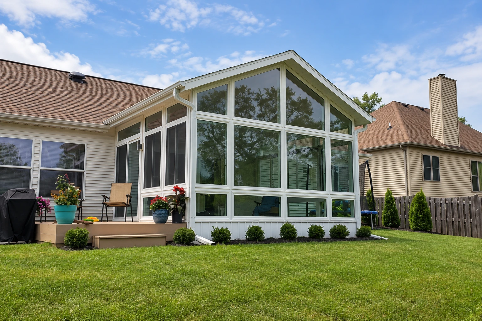 Glass sunroom addition with a tall gabled roof and white framing, attached to a house beside a lawn.