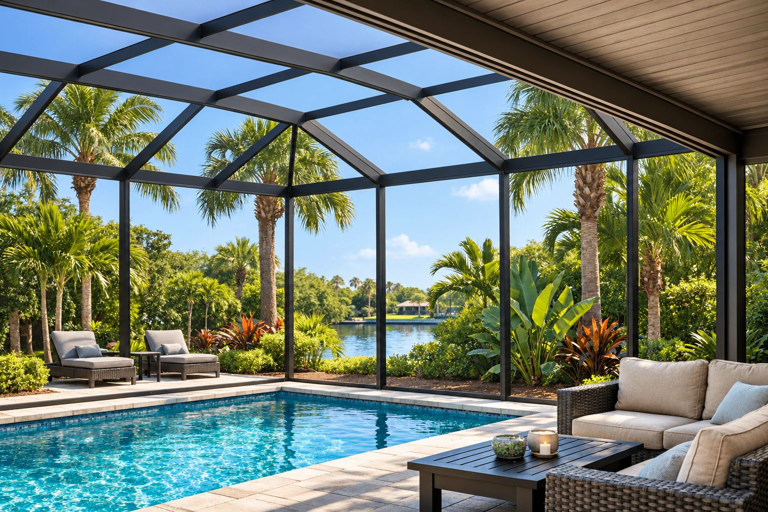 Screened patio enclosure with a glass roof surrounds a swimming pool, lounge chairs and tropical plants.