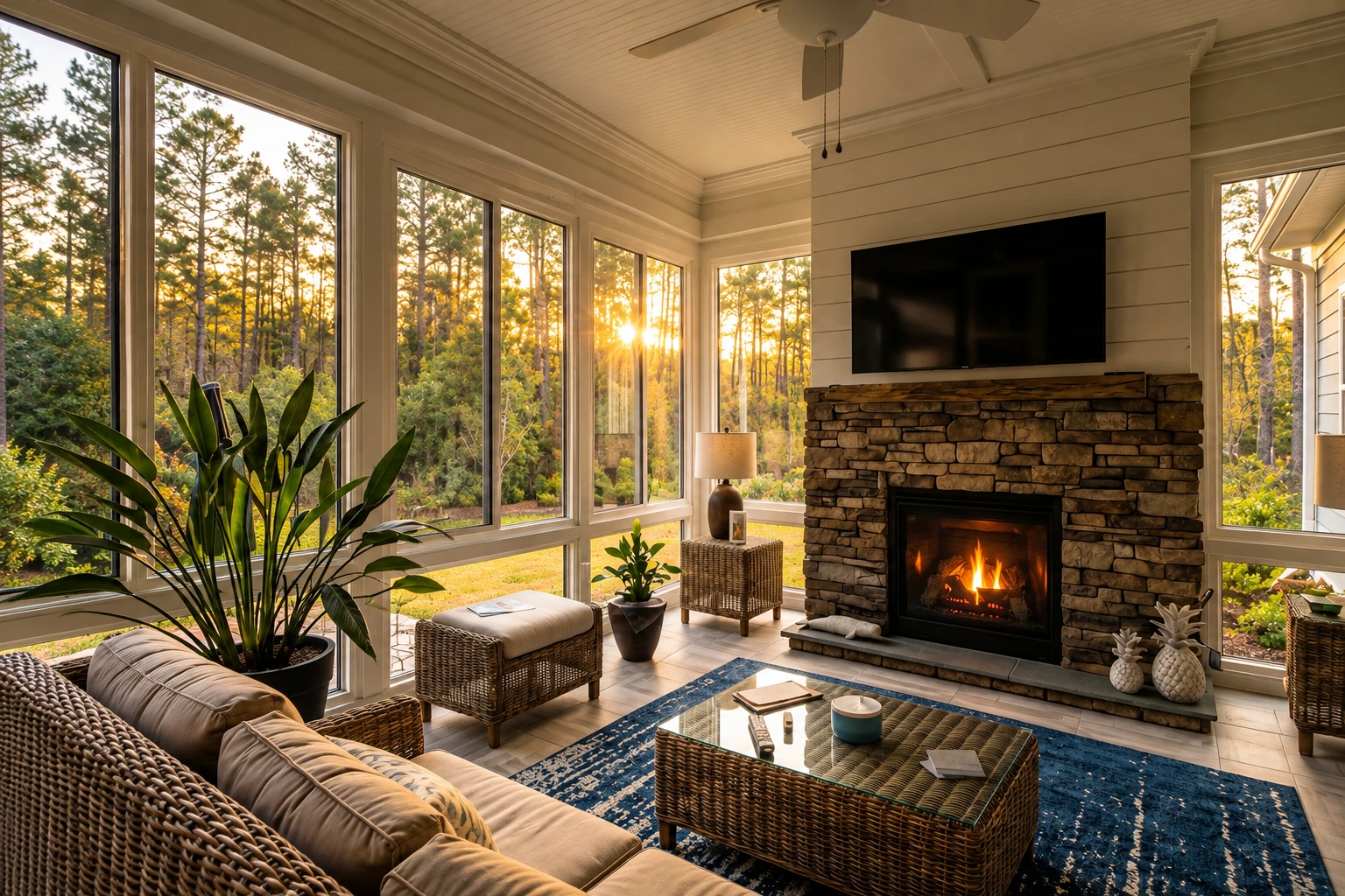 Four-season sunroom with tall windows, a stone fireplace, and a view of trees at sunset.