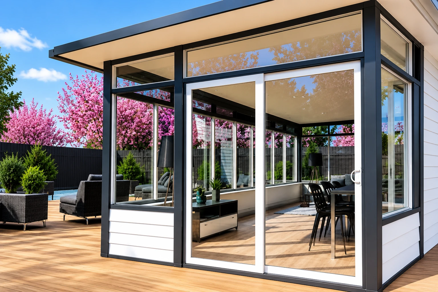 A modern sunroom with dark frames and sliding glass doors opens onto a wooden deck beside flowering trees.