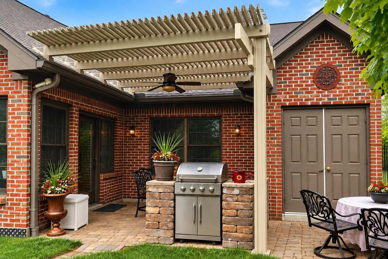 Cream-colored slatted patio cover shelters a brick courtyard with a grill and outdoor dining furniture.