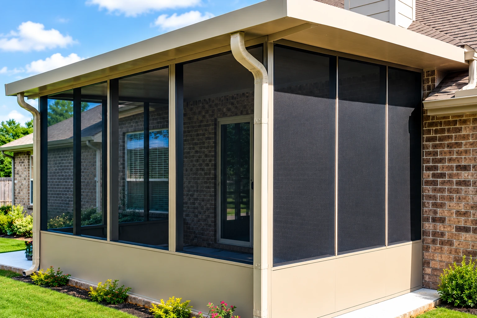 Enclosed patio with dark mesh panels, pale framing, and a cream roof attached to a brick house.