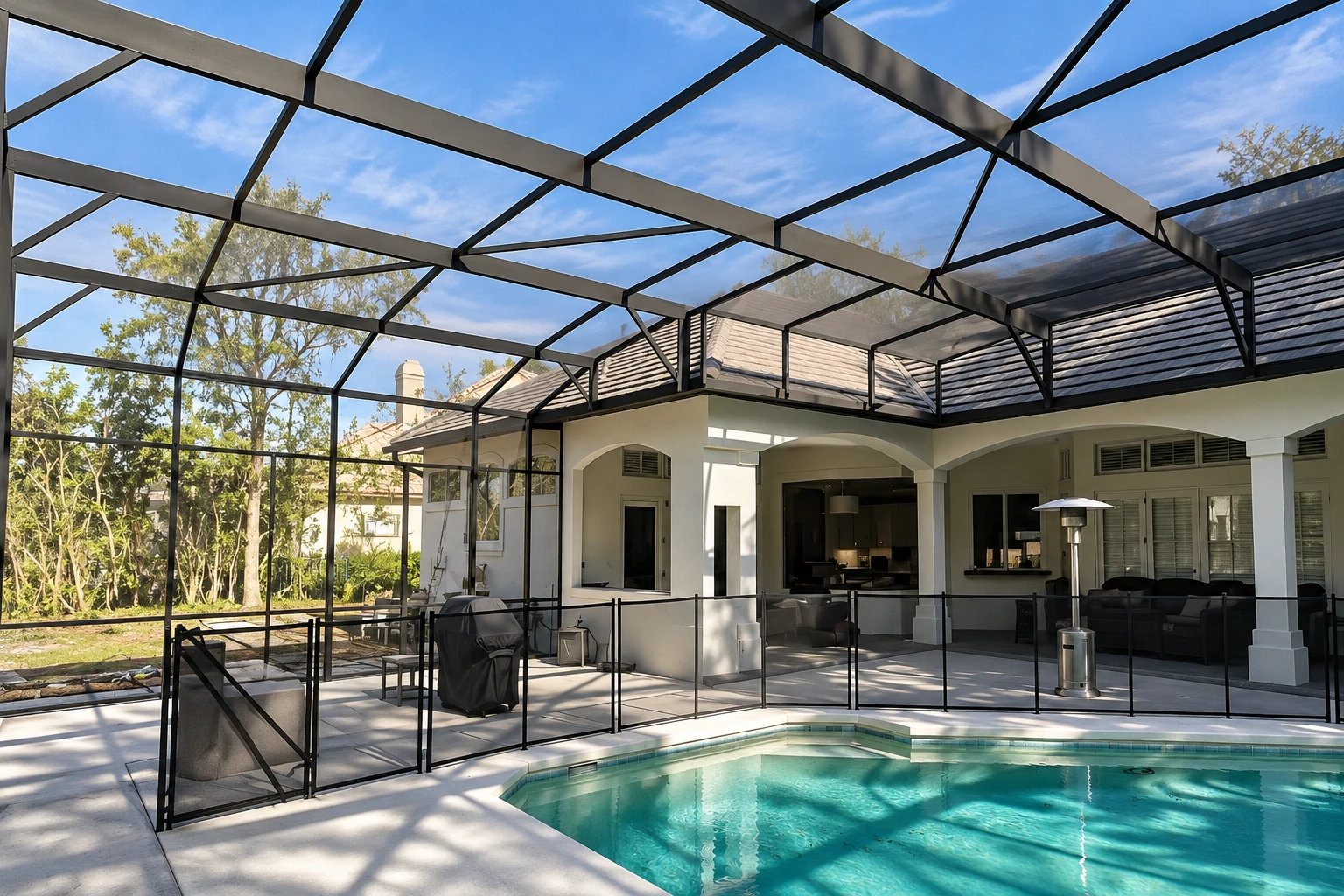Screen room enclosing a pool patio, with black mesh walls and a broad overhead screen structure.