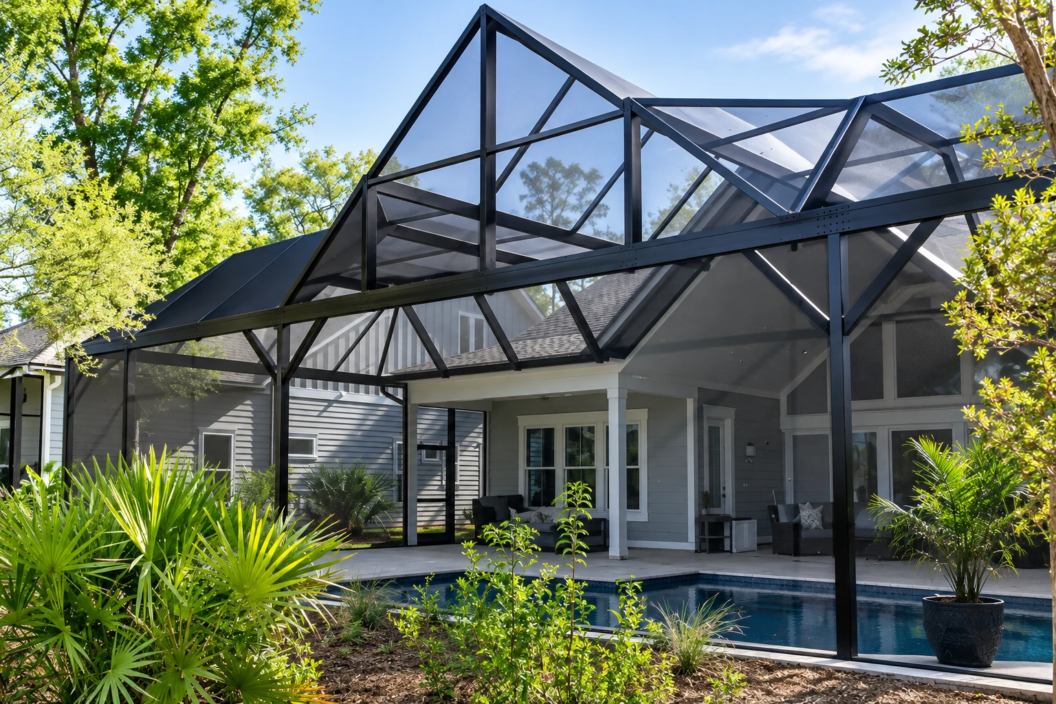 Screen room enclosure with a black metal frame and screened gable roof beside a backyard pool.