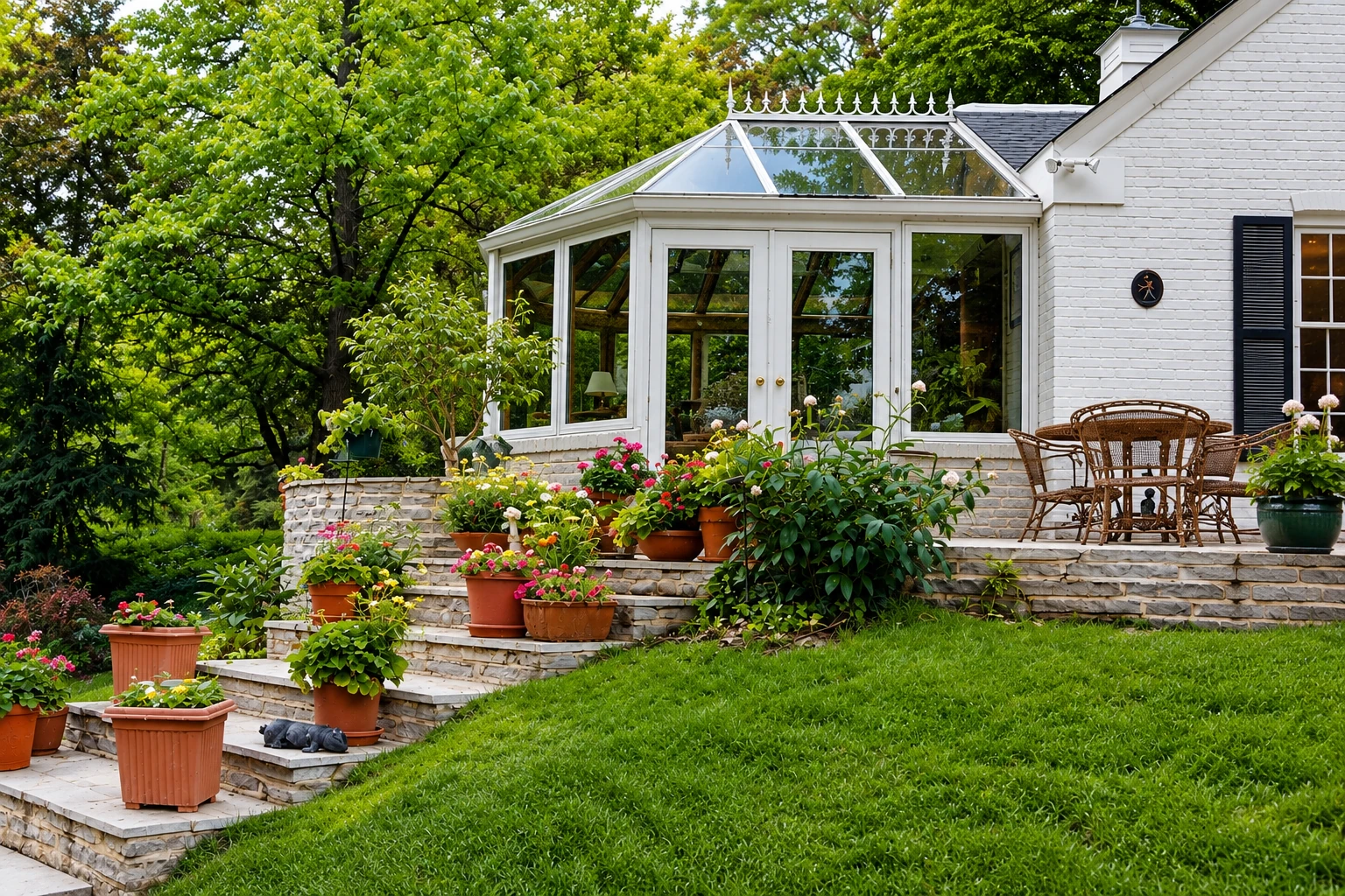 White glass-roofed solarium attached to a brick house, with flower pots and a stone patio outside.