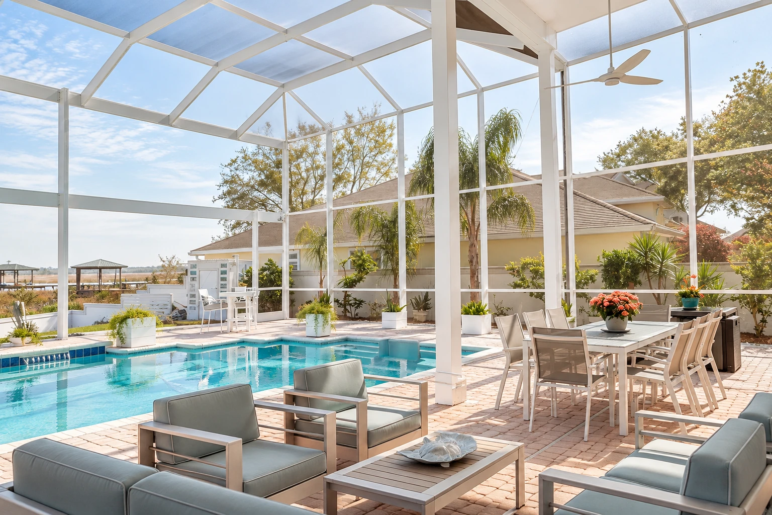 White-framed glass solarium enclosing a pool and patio dining area, with lounge seating and a clear roof.