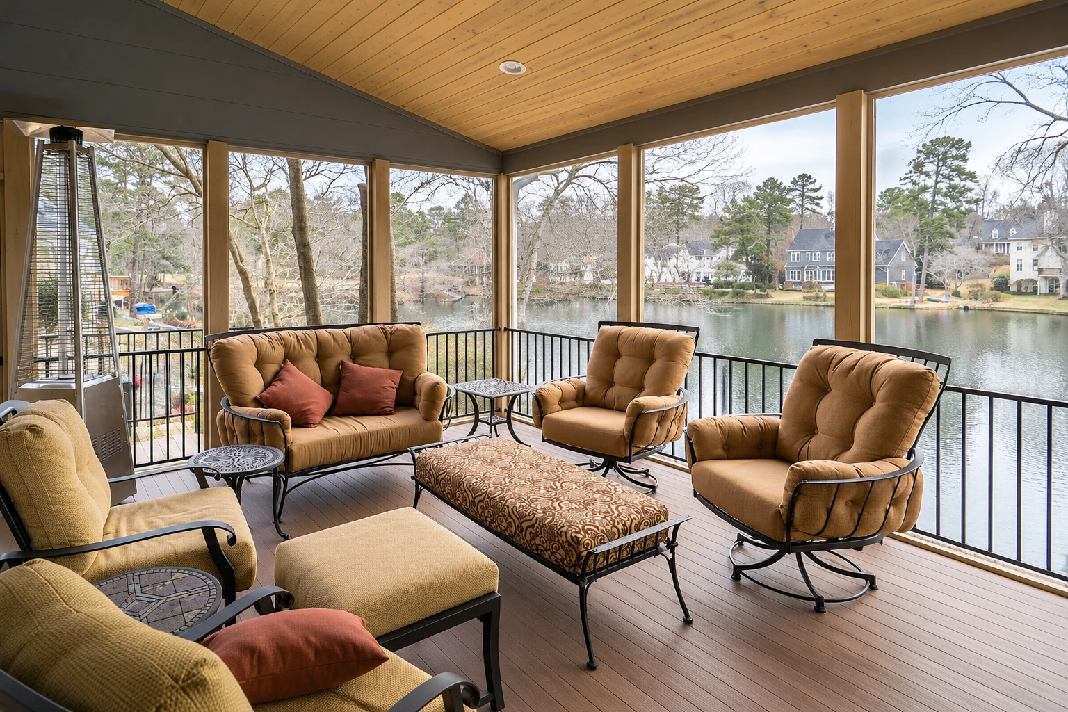 Sunroom addition with tan lounge chairs, a wood-plank ceiling, and broad windows overlooking a lake.