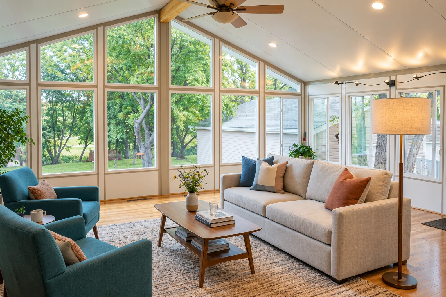 Furnished sunroom with tall windows, a sloped ceiling, teal armchairs, and a cream sofa overlooking trees.
