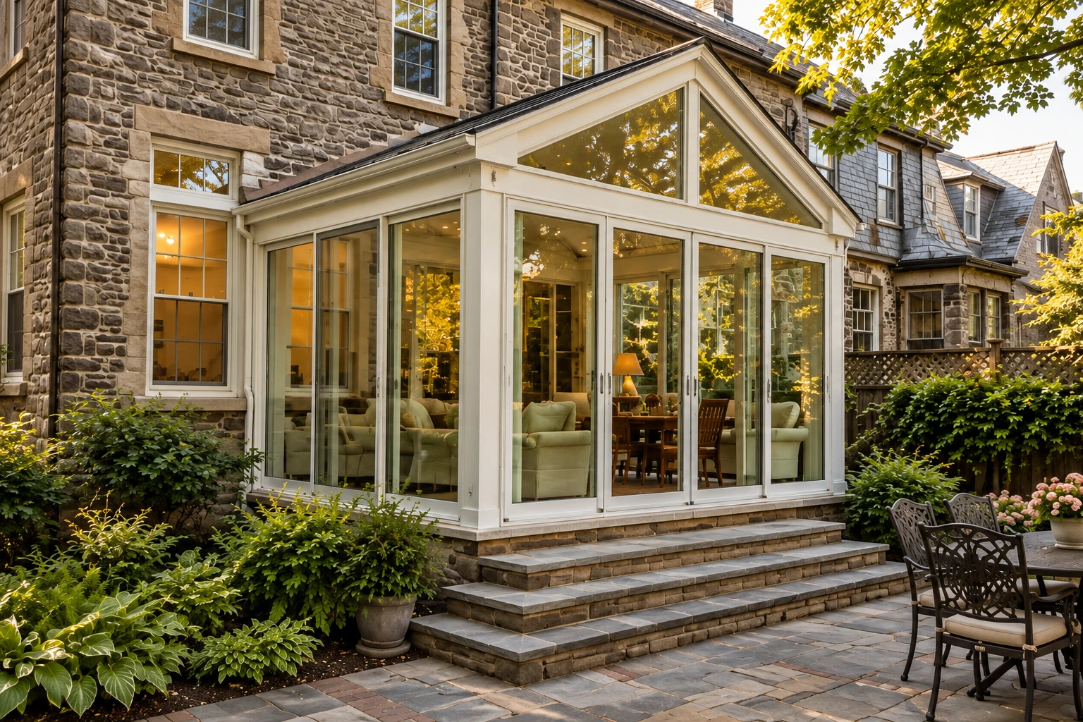 White-framed sunroom with a peaked glass roof and sliding doors attached to a stone house.