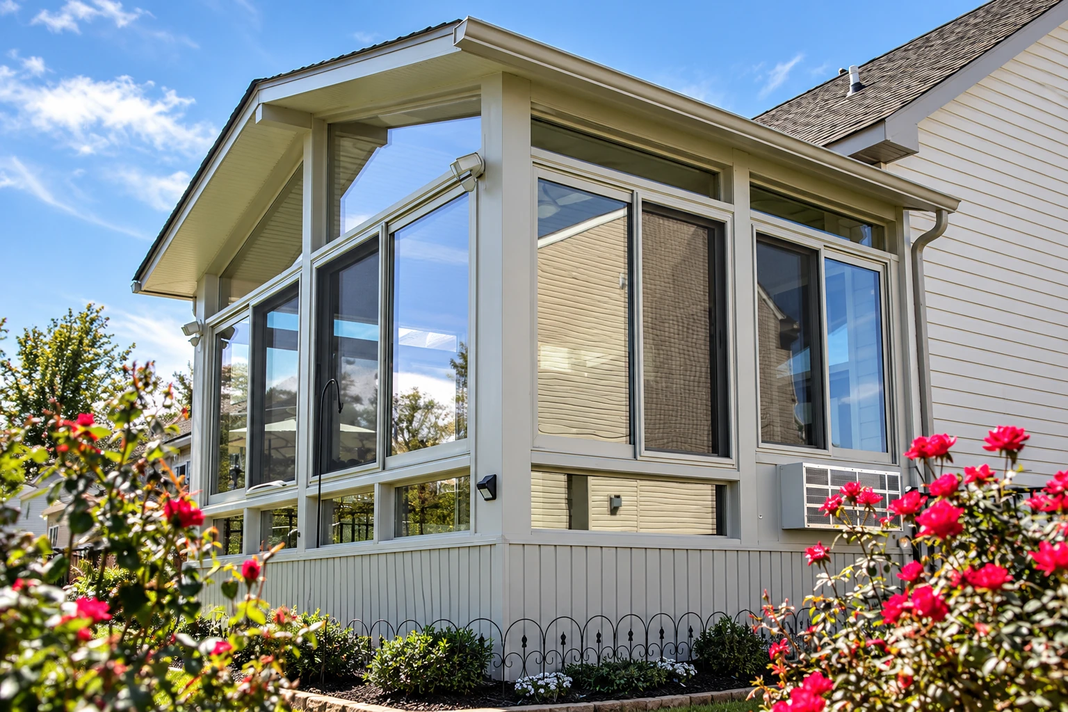 Three-season sunroom with tall white-framed windows and a low paneled base, surrounded by flowering shrubs.
