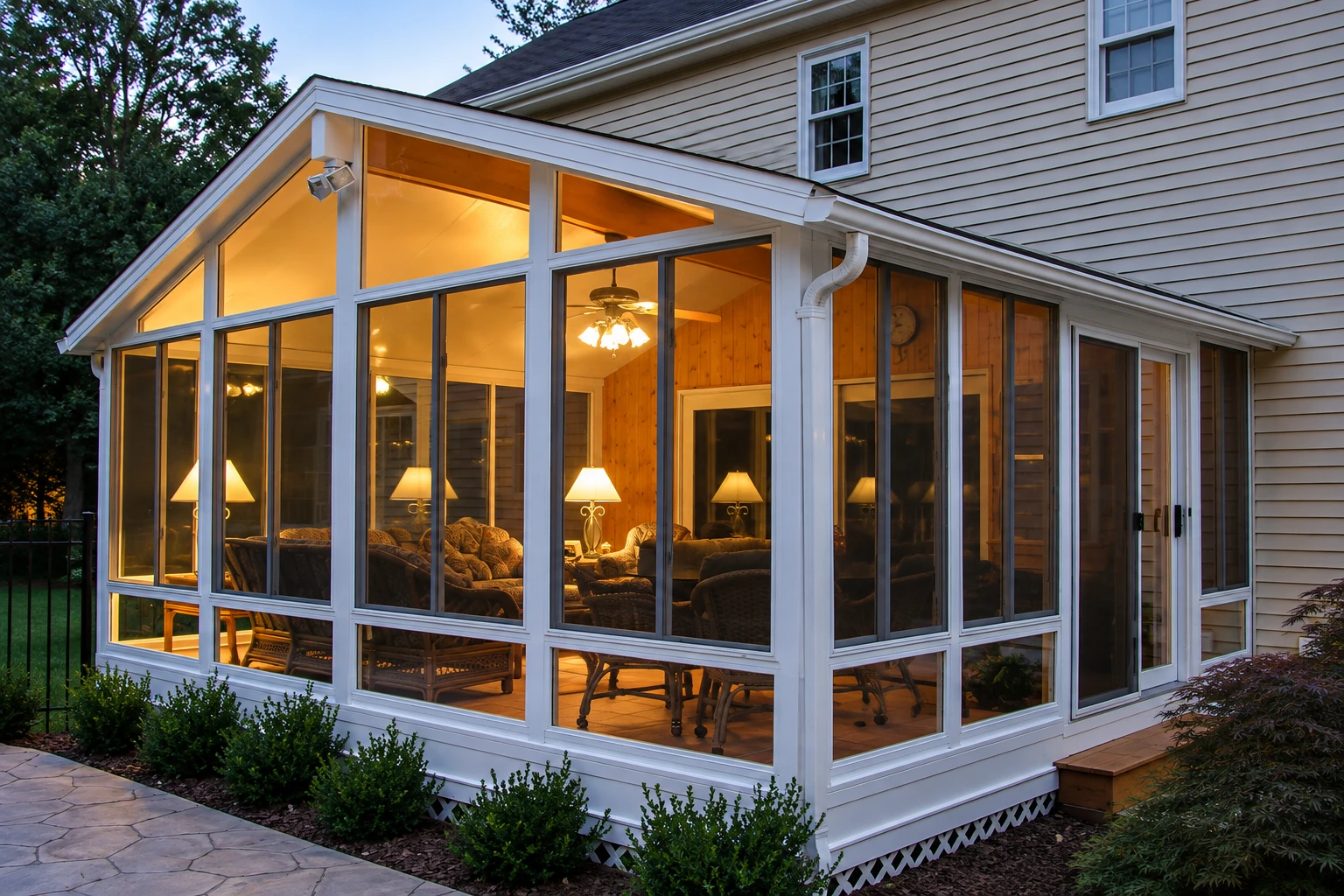 A white-framed sunroom glows with warm evening light, with tall windows, a peaked glass front, and seating inside.