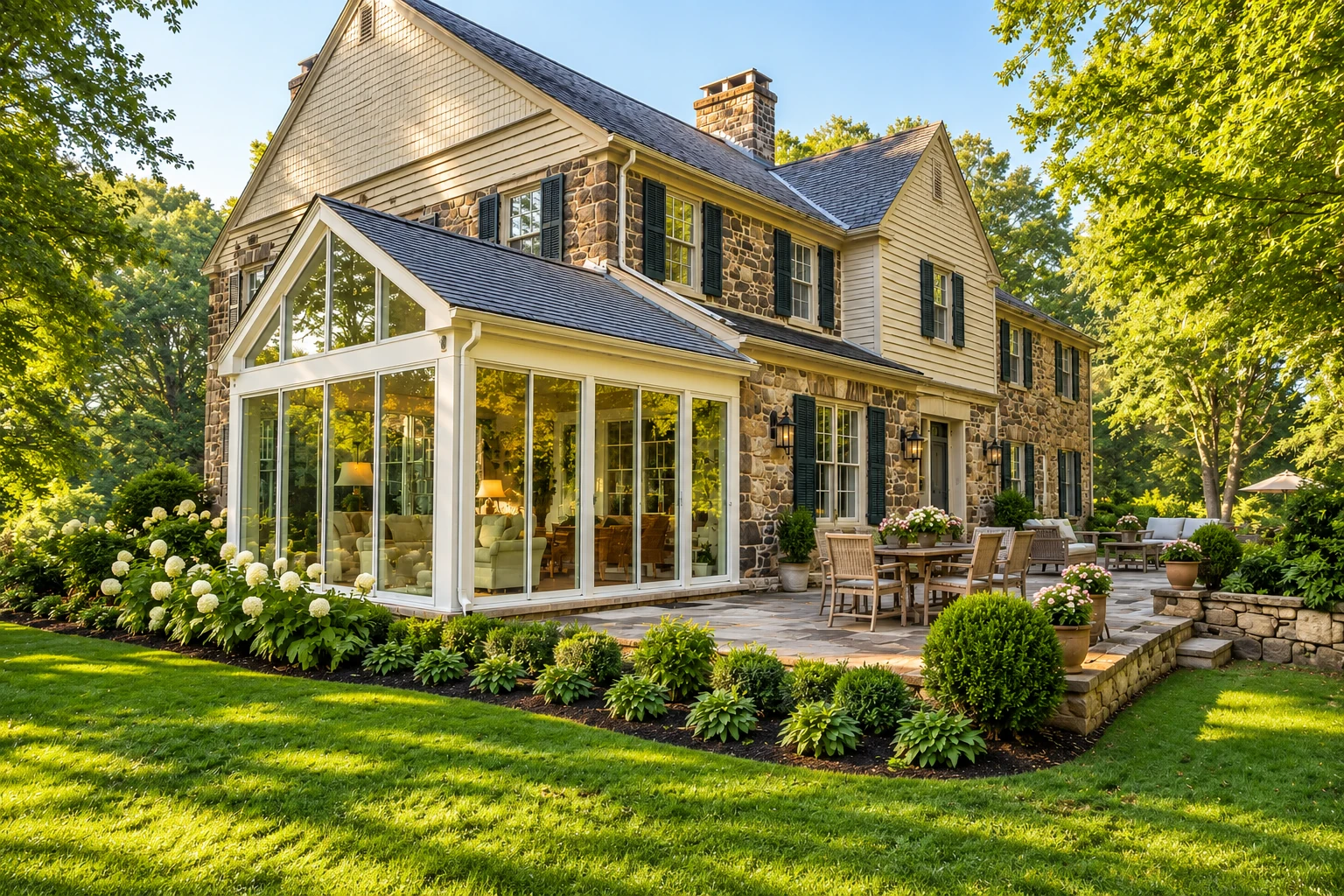 Stone-and-siding home with a white-framed glass sunroom addition opening onto a landscaped stone patio.